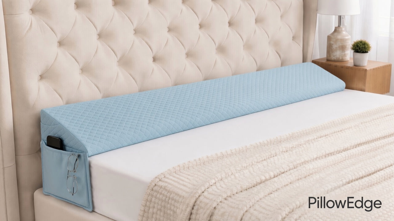 PillowEdge Quilted Bed Wedge with Pockets – Blue (Twin/Queen/King)
