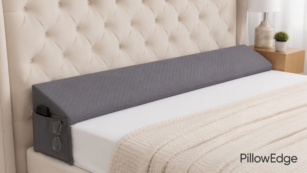 PillowEdge Grey Quilted Bed Bolster with Side Pockets – Twin / Queen / King